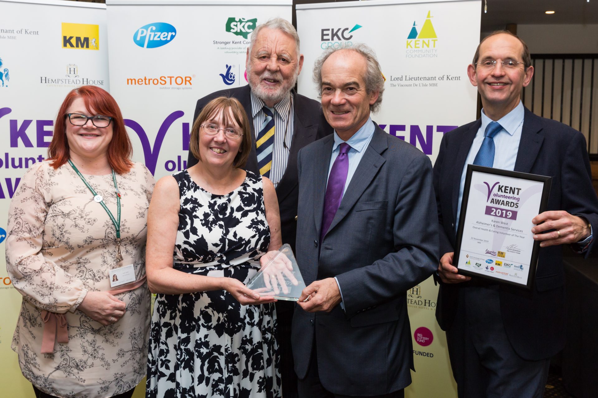 Terry Waite, Vice Lord-Lieutenant, Richard Oldfield presents Overall Health &amp; Caring Volunteer of the year to Karen West of Alzheimer's &amp; Dementia Support Services.
Kent Volunteering Awards, Hempstead House, Sittingbourne.
Picture Submitted by: Martin Apps
KM Group has permission to sell this image via photo sales and to re-sell the image to other media for single-use publication.
